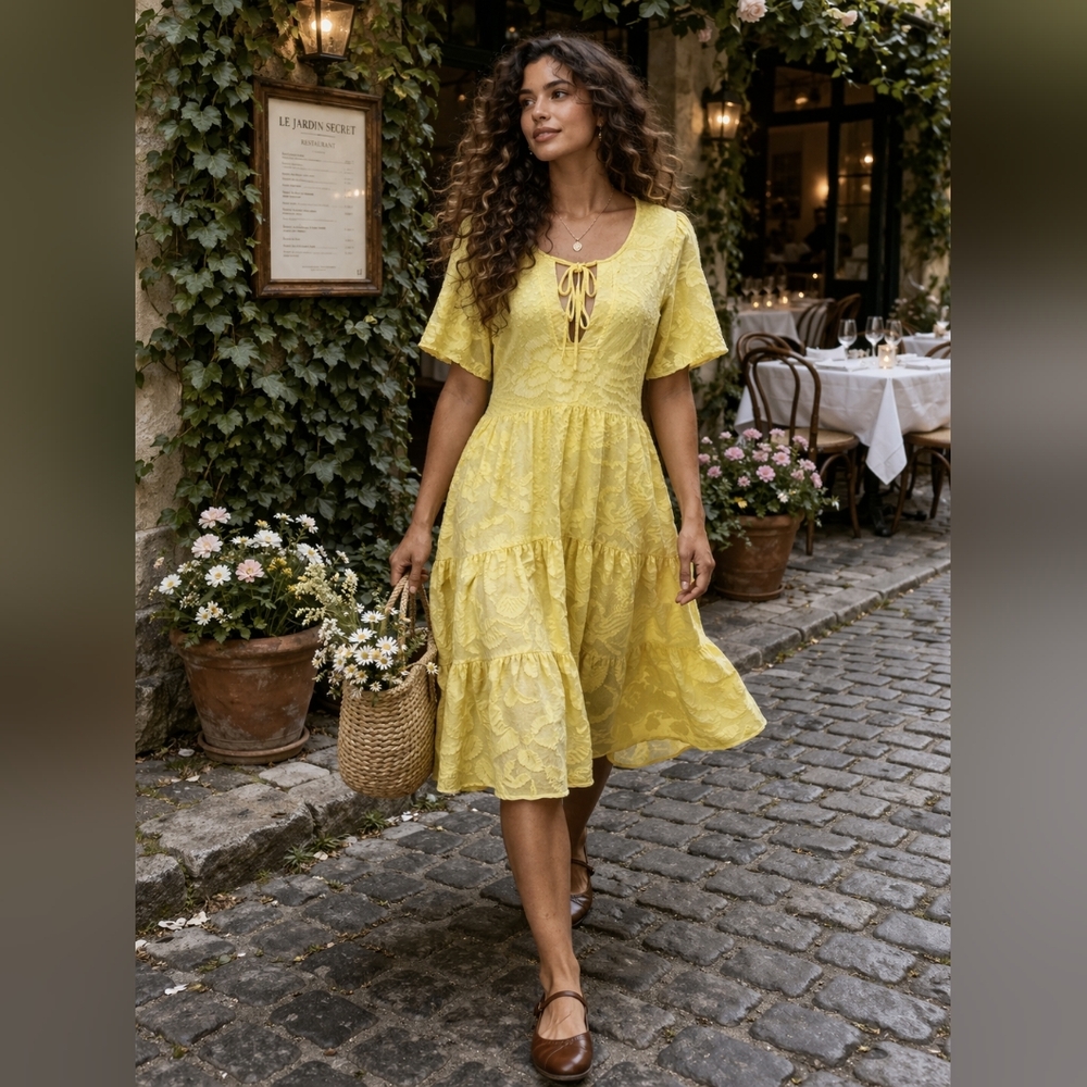 NEW Cativa Vibrant Yellow Tiered Dress Lace Floral Size Small Romantic Babydoll